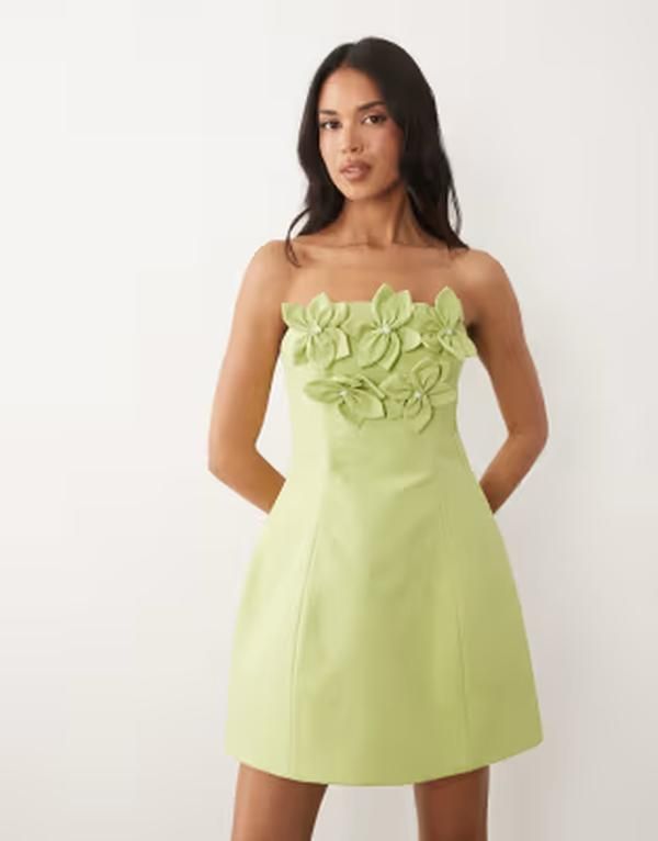 エイソス レディース トップス ワンピース ミニ リネン ASOS LUXE bandeau linen corsage detail mini dress in pistachio
