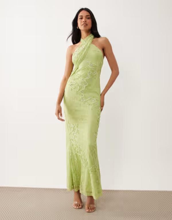 エイソス レディース トップス ワンピース 刺繍 レース マキシ ホルター ASOS DESIGN lace halter neck maxi dress with embroideredetail