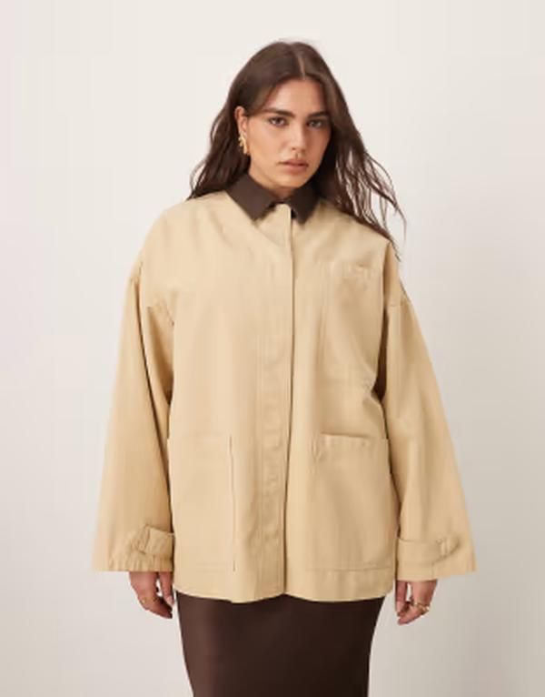 アレンジ レディース アウター ジャケット・ブルゾン コーデュロイ ARRANGE Curve canvas oversized barn shacket with corduroy collar i