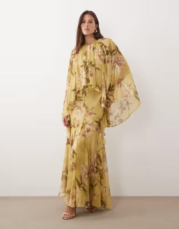 エイソス レディース トップス ワンピース ケープデザイン フラワー柄 プリント キャップ ケープ マキシ フラワー ASOS DESIGN full volume cape sleeve maxi