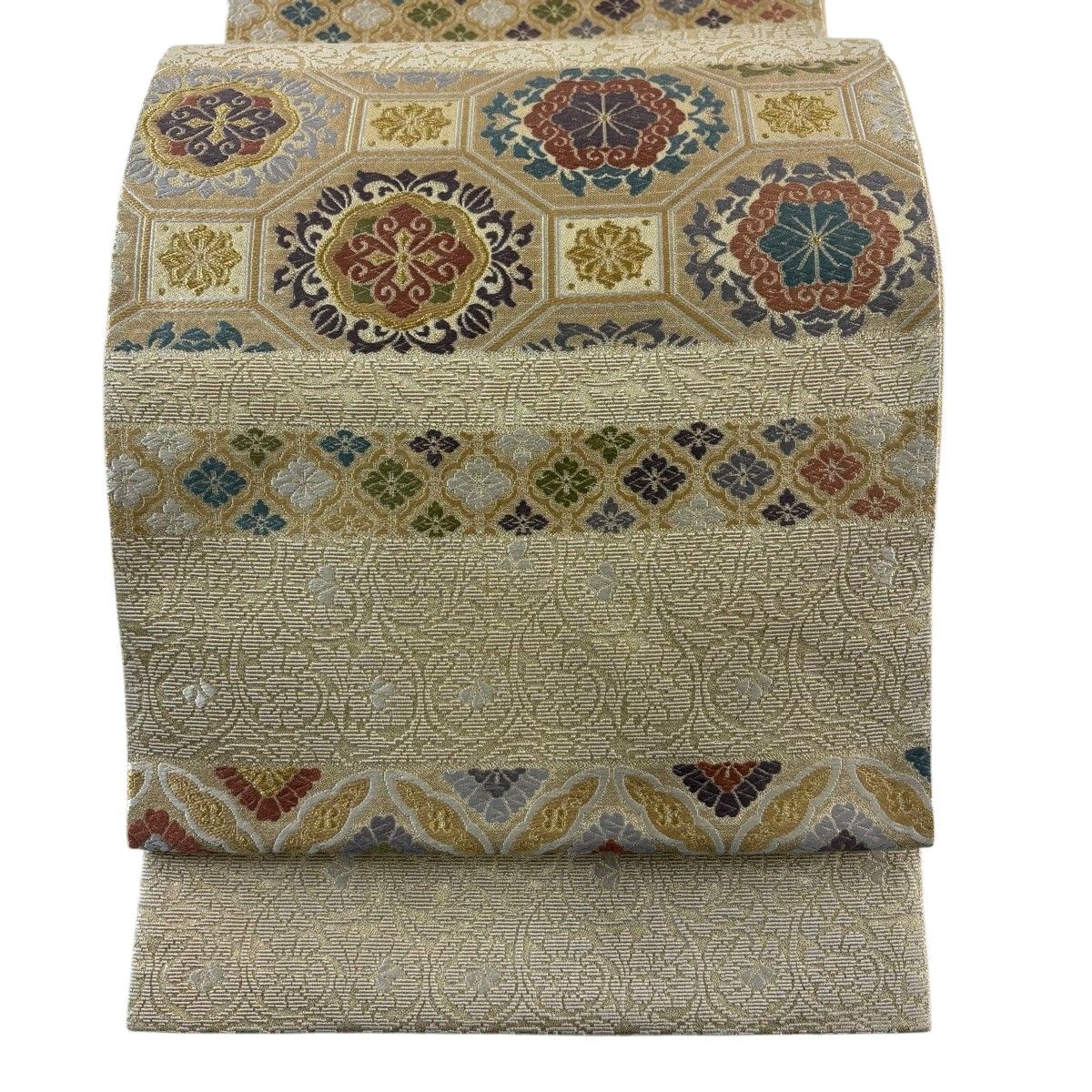 【美品】 袋帯 名品 華文 花鳥 唐織 金糸 ベージュ 六通 正絹 【中古】