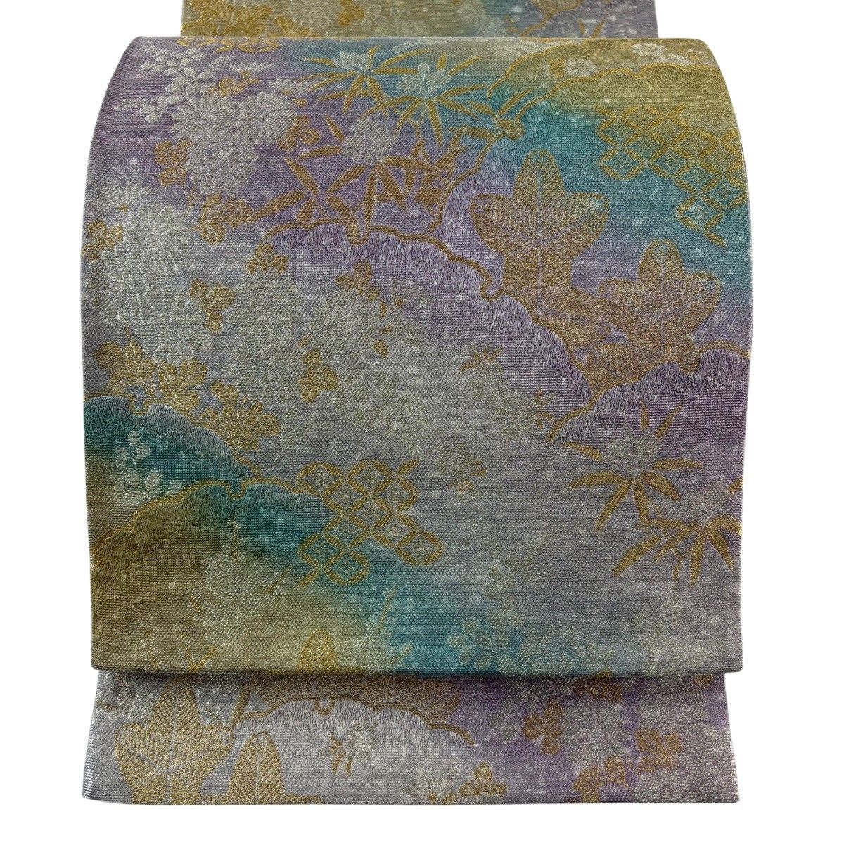 【美品】 袋帯 名品 雪輪 草花 金銀糸 紫 全通 正絹 【中古】