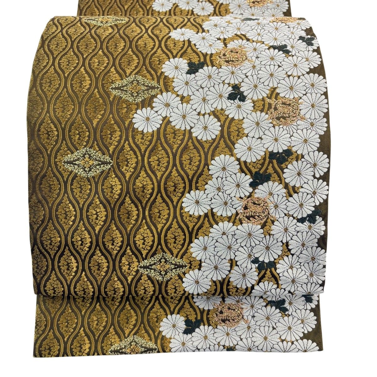 【美品】 袋帯 名品 菊 立涌 箔 唐織 茶緑色 全通 正絹 【中古】
