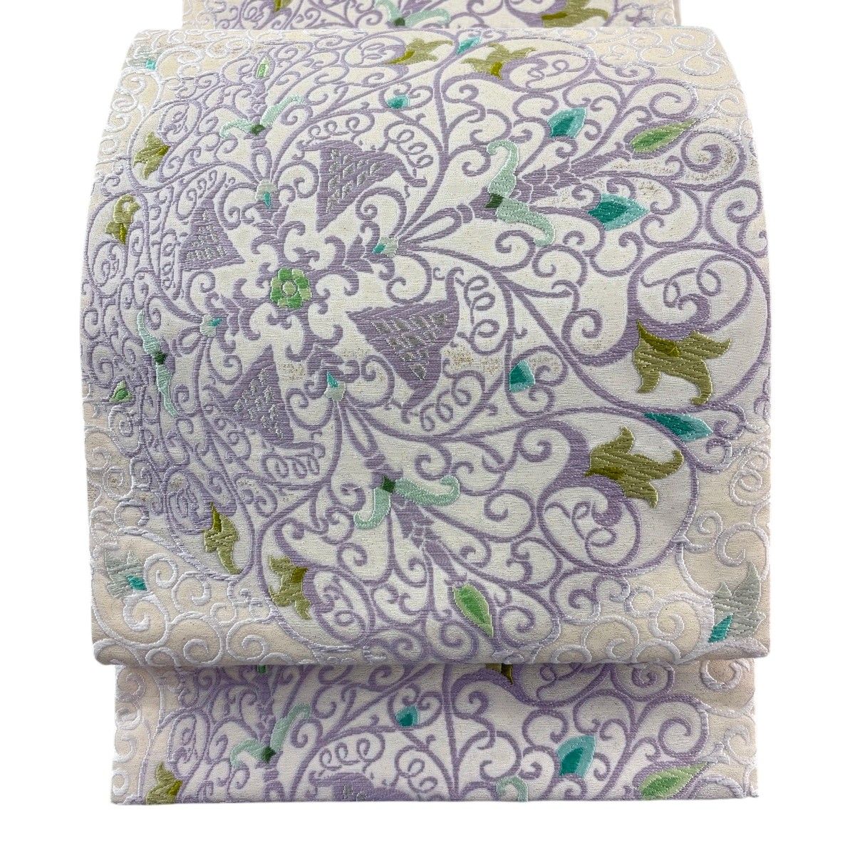袋帯 名品 花唐草 唐織 箔 クリーム 六通 正絹 【中古】