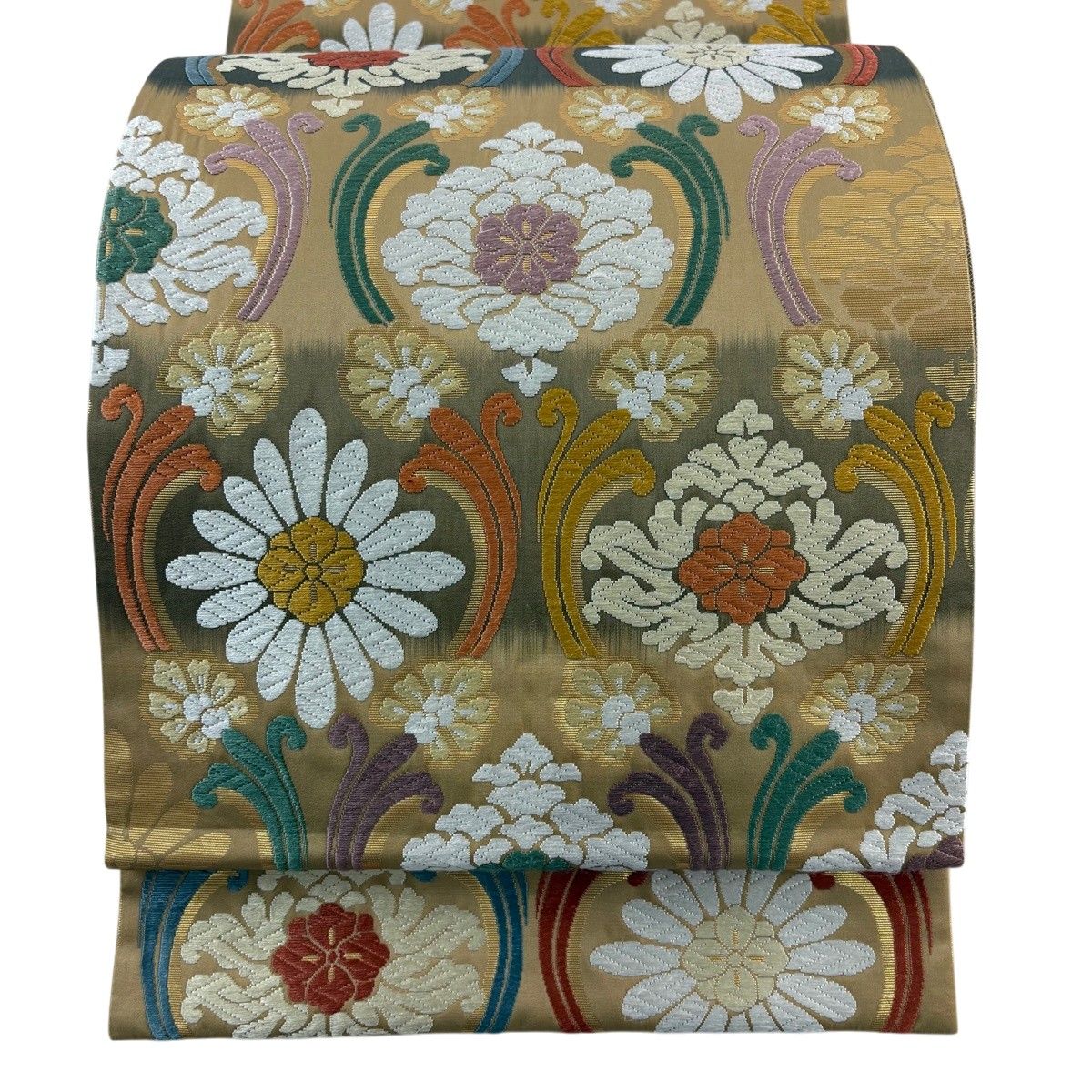【美品】 袋帯 名品 草花 段縞 唐織 箔 薄茶色 六通 正絹 【中古】