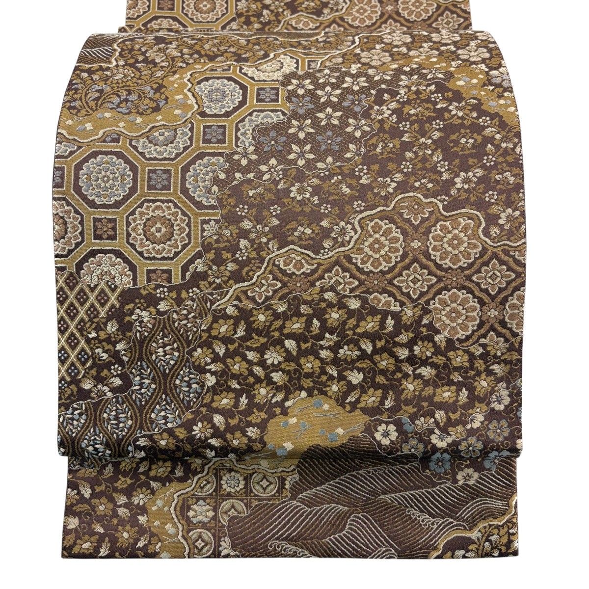 【美品】 袋帯 名品 箔屋清兵衛 落款 西陣織 花唐草 華文 箔 茶紫 六通 正絹 【中古】