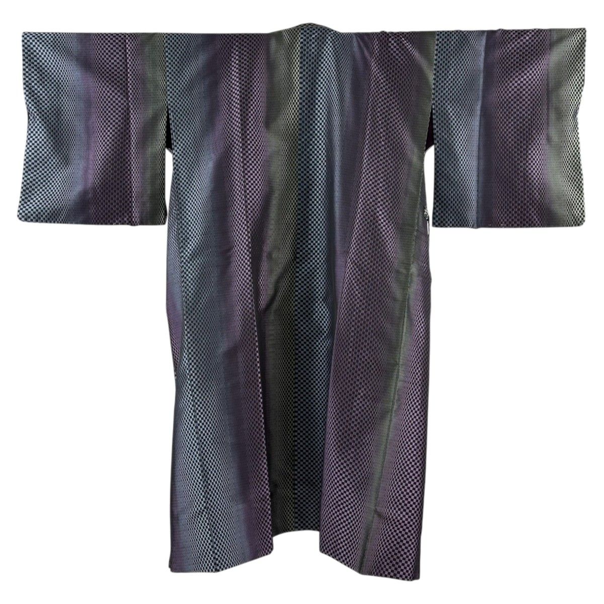 【美品】 道中着 身丈124cm 裄丈66.5cm M 和装コート 着物衿 変わり市松 紫 正絹 逸品 【中古】