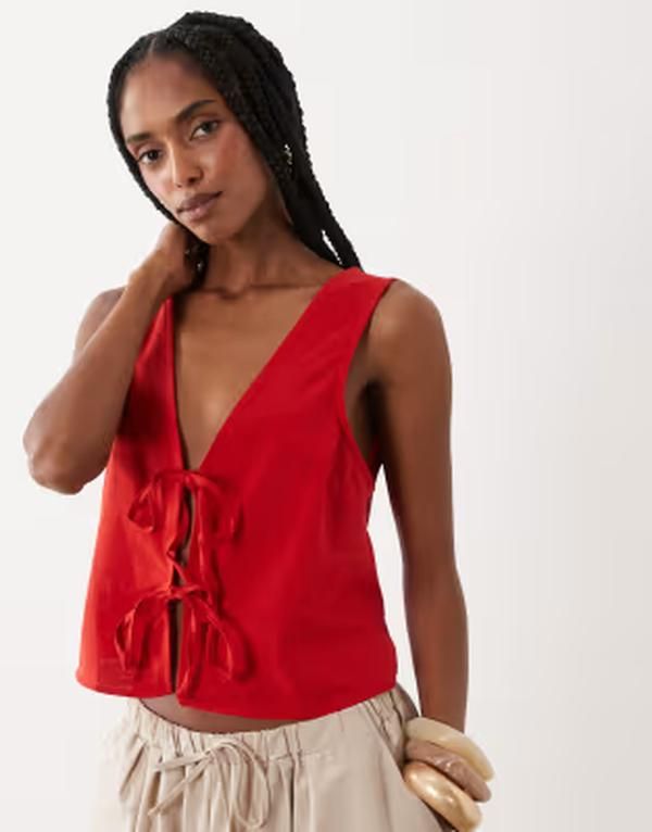ミスセルフフリッジ レディース トップス シャツ リネン Misselfridge linen blend tie frontop RED レッド