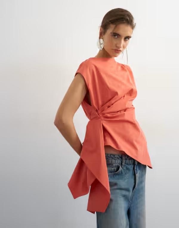 トップショップ レディース トップス タンクトップ アシンメトリー Topshop asymmetrical short sleeve pleat detail top in burnt sienna