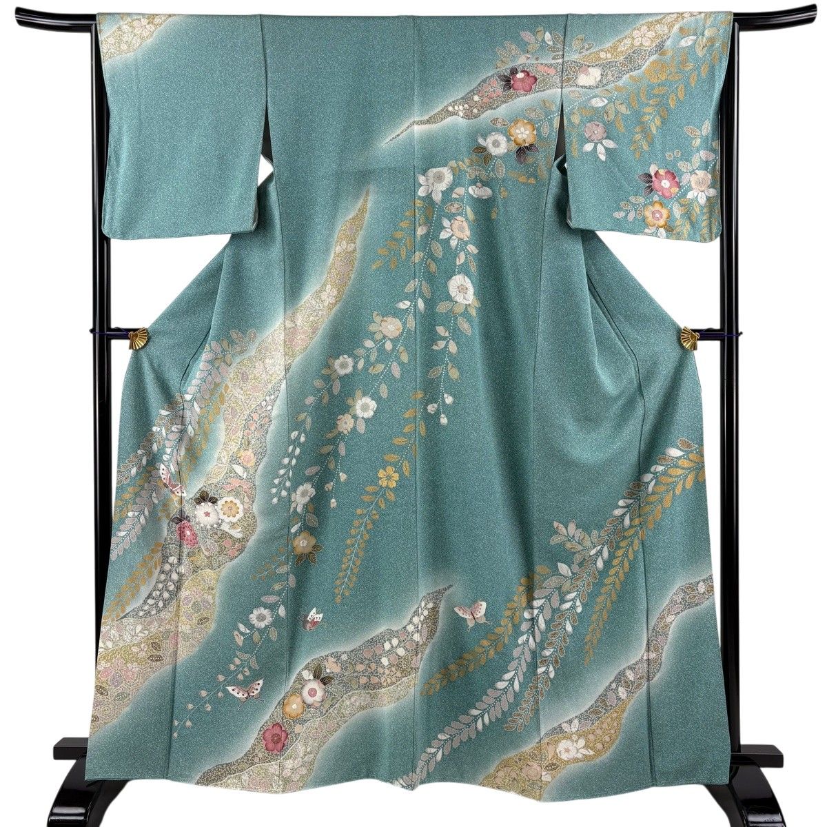 訪問着 身丈165.5cm 裄丈65.5cm M 袷 蝶 草花 金彩 ぼかし 薄緑 正絹 逸品 【中古】