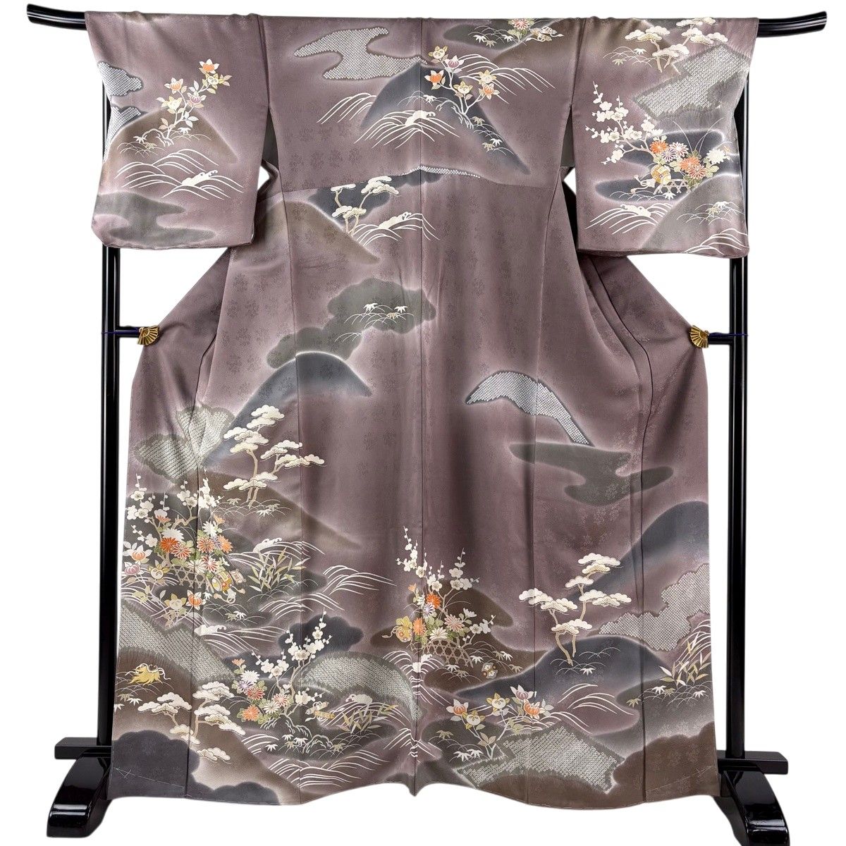 訪問着 身丈167.5cm 裄丈70cm L 袷 松竹梅 宝尽くし 金彩 絞り 灰紫 正絹 逸品 【中古】