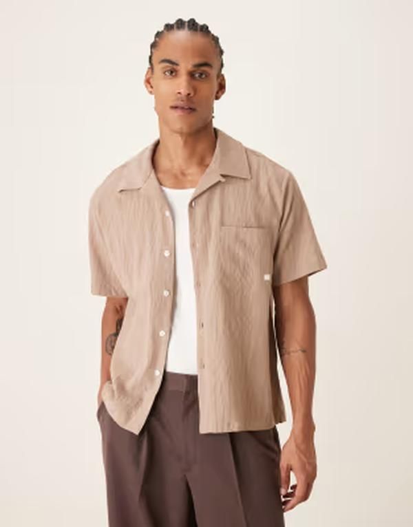 ファーラー メンズ トップス シャツ ロゴ Farah Riley short sleeve textu red logo shirtaupe brown ブラウン