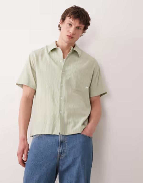 ファーラー メンズ トップス シャツ ロゴ Farah Riley short sleeve textu red logo shirt GREEN グリーン