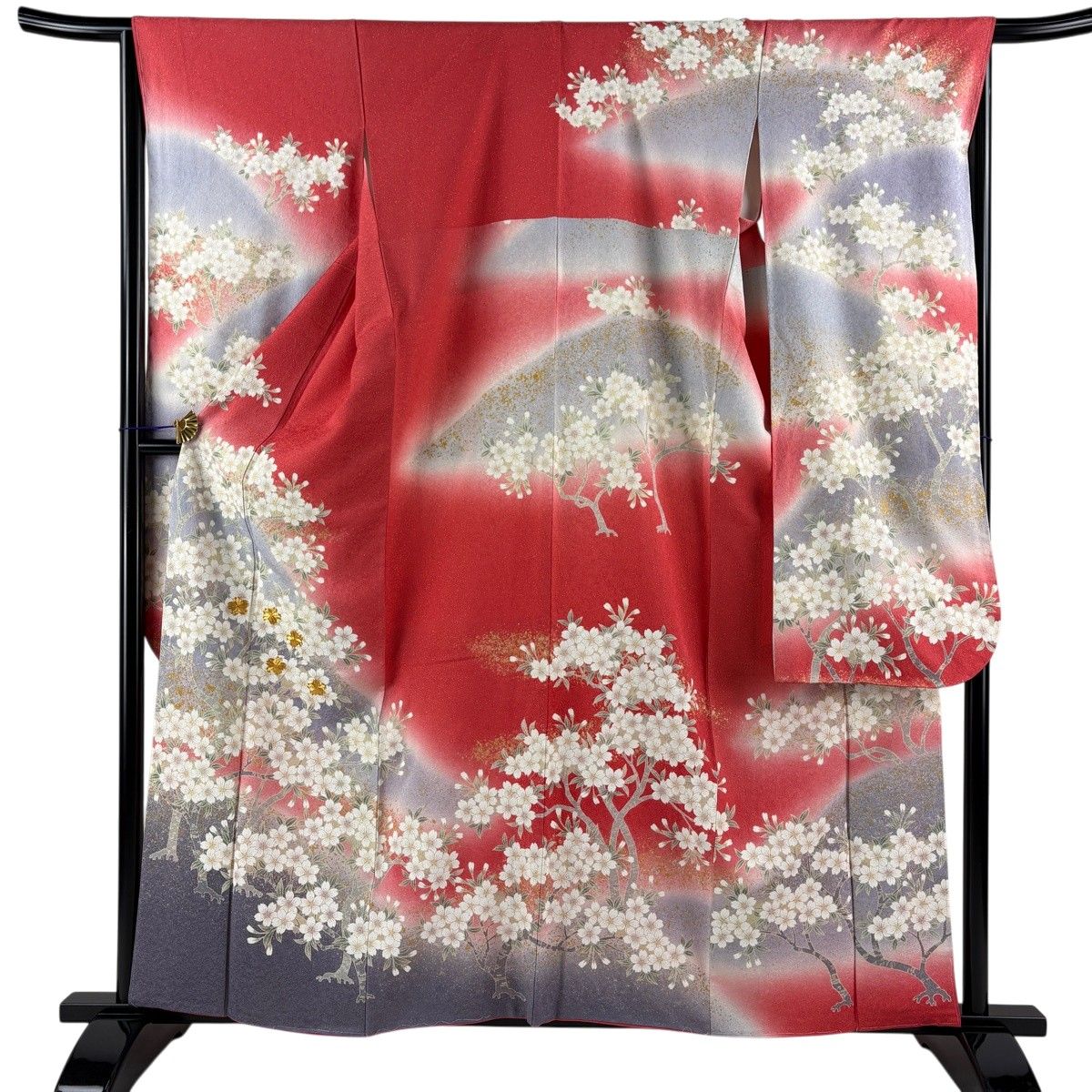振袖 身丈160cm 裄丈66cm M 袷 桜 金通し 金糸 朱色 正絹 逸品 【中古】