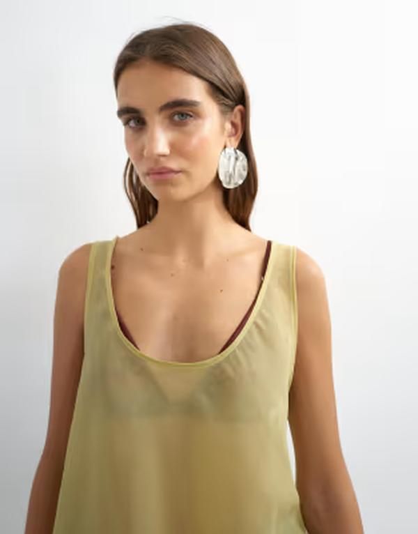 トップショップ レディース トップス タンクトップ ノースリーブ Topshop sleeveless organza scoop tank top in muted lime Muted lime