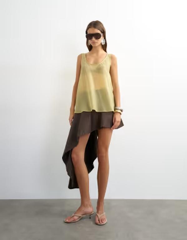 トップショップ レディース トップス タンクトップ ノースリーブ Topshop sleeveless organza scoop tank top in muted lime Muted lime