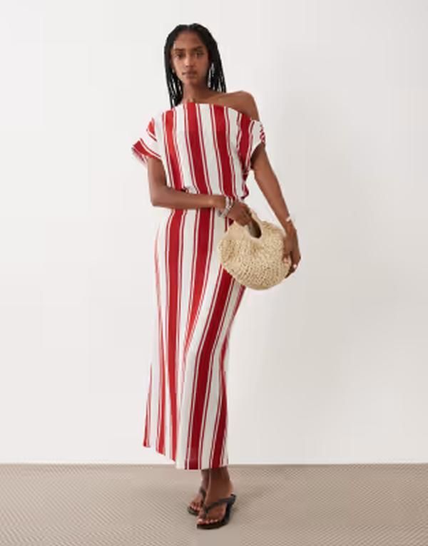 エイソス レディース トップス ワンピース プリント ミディ ASOS DESIGN off shoulder with pleat midi dress in striped print Red s