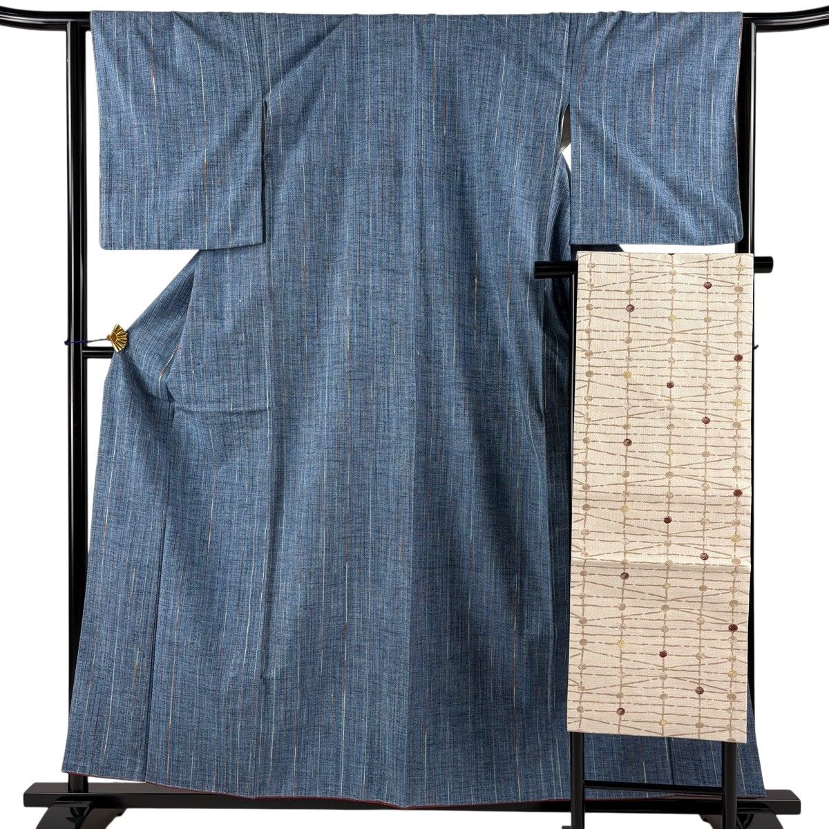 【美品】 紬 身丈158.5cm 裄丈64.5cm M 袷 名古屋帯セット 縦縞 青灰色 正絹 秀品 【中古】