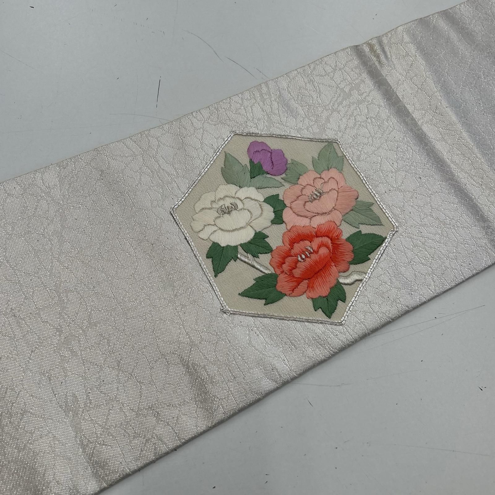 名古屋帯 正絹 銀駒刺繍 花の刺繍 九寸 MA-7524 - メルカリ