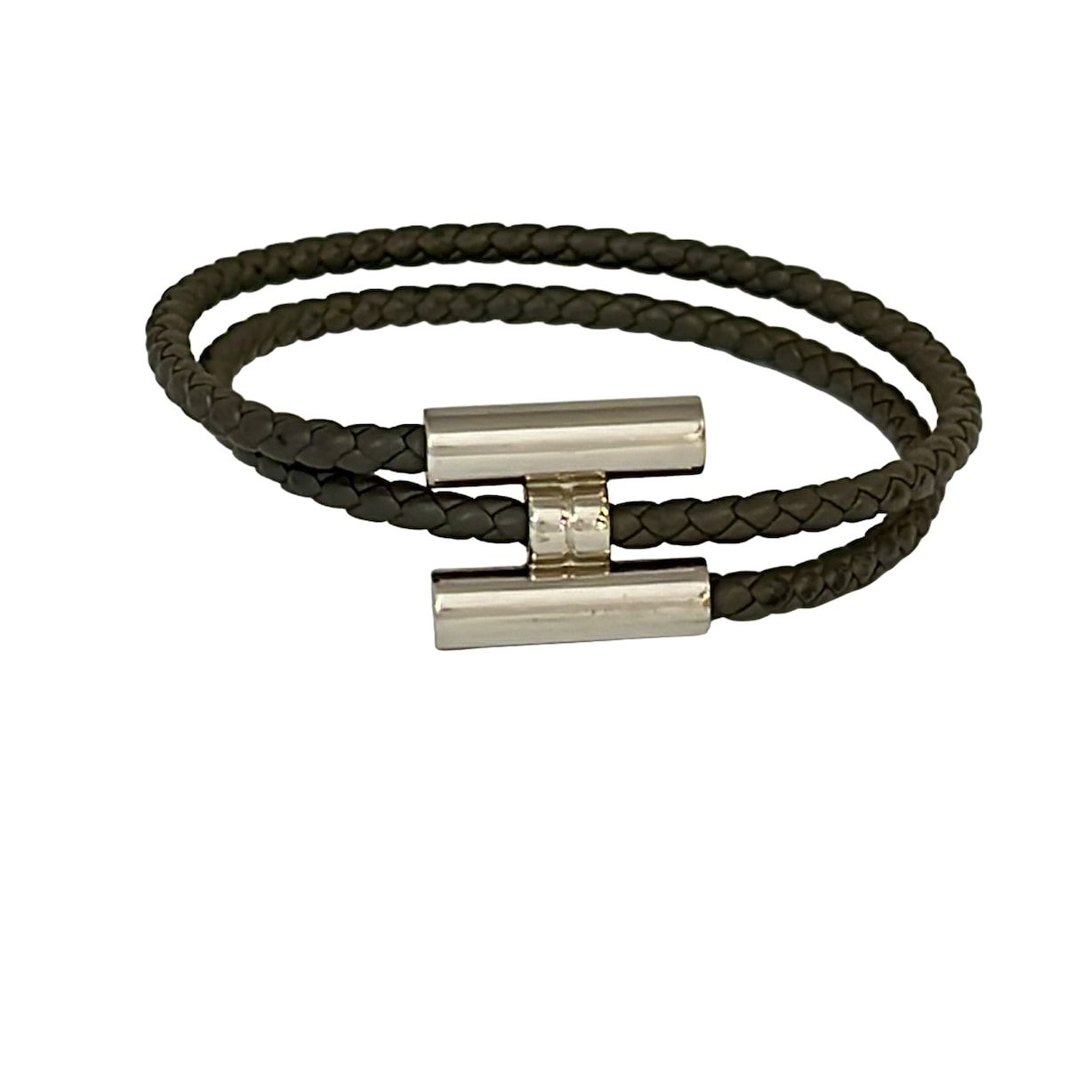 HERMES(エルメス) ブレスレット美品 トゥルニス レザー シルバー×ベージュ 編み込み/シルバー金具