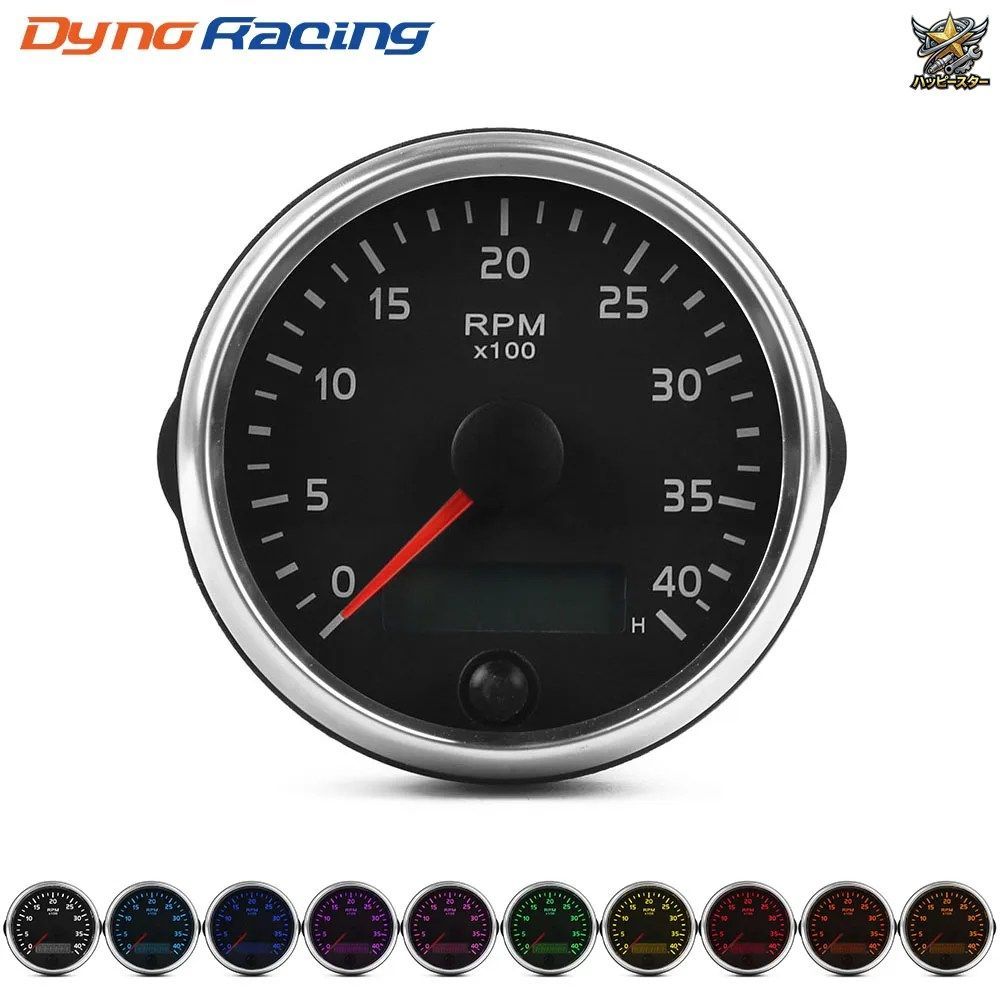 85mmタコメーター 0-4000RPM 12V/24V RPMゲージ 10色ライト付きLCDアワーメーター搭載 ディーゼル車、ボート、オートバイ用