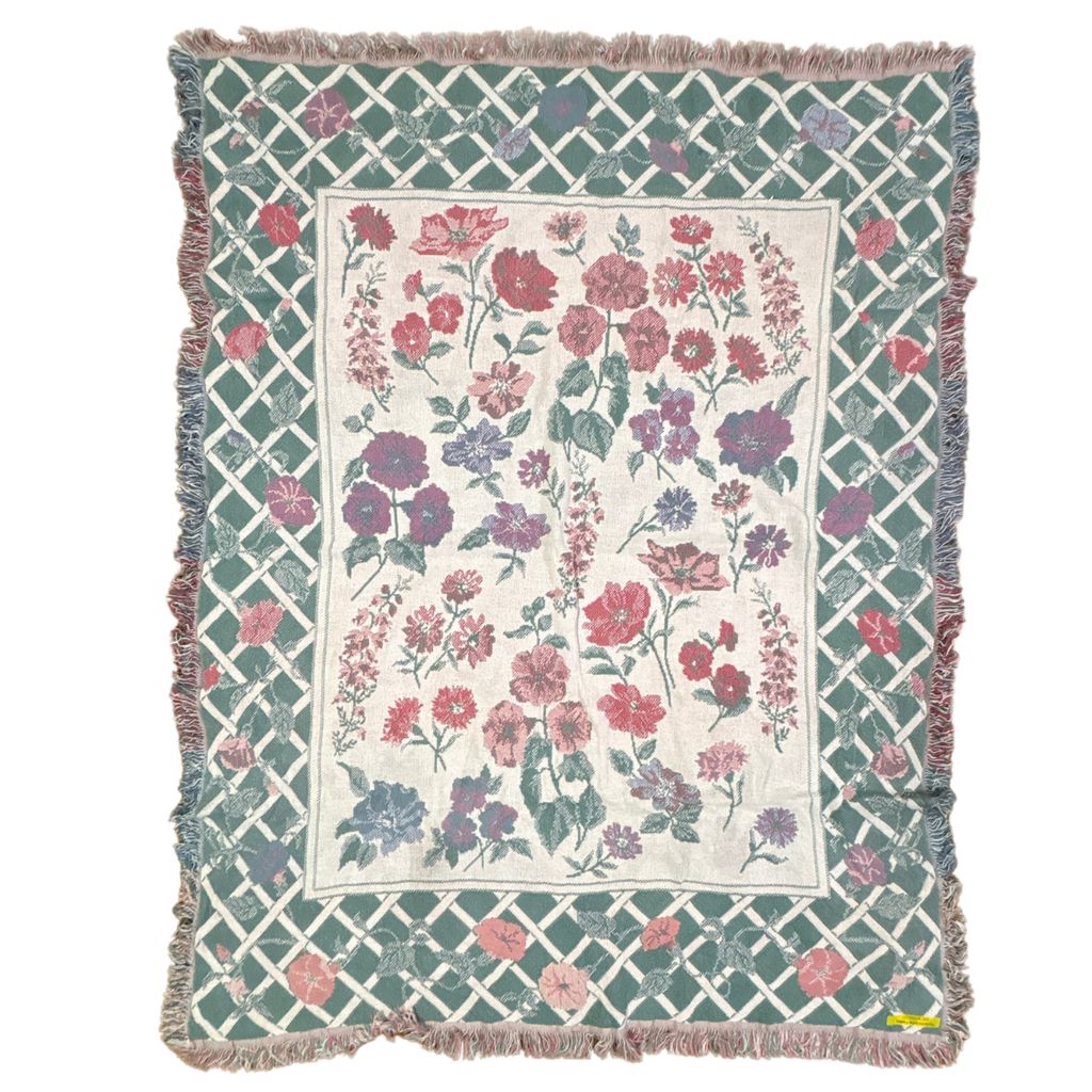 vintageラグ ブランケット マルチカバー タペストリー フラワー 花 アサガオ 格子 Rug Blanket Morning Glory 3487