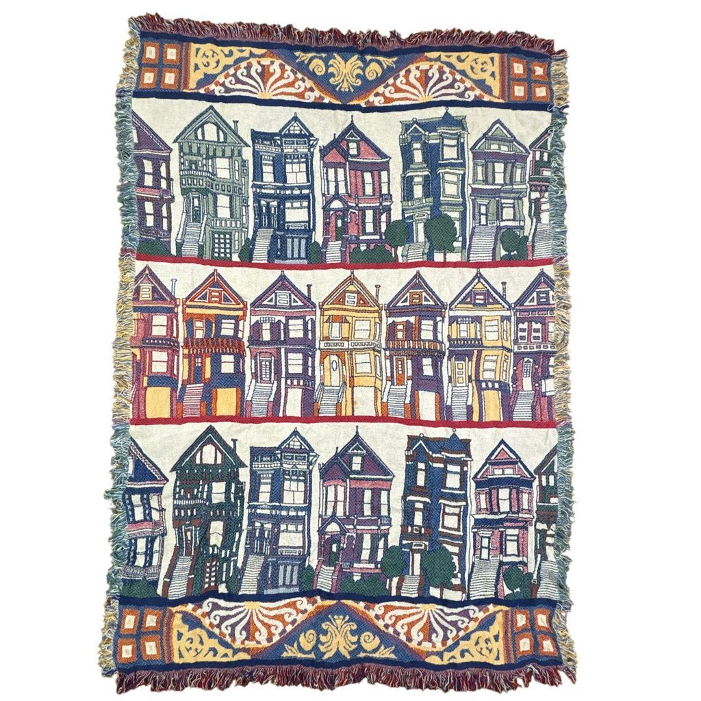 vintageラグ ブランケット マルチカバー タペストリー カントリー ハウス 街並み 家 Rug Throw Blanket Country 2621
