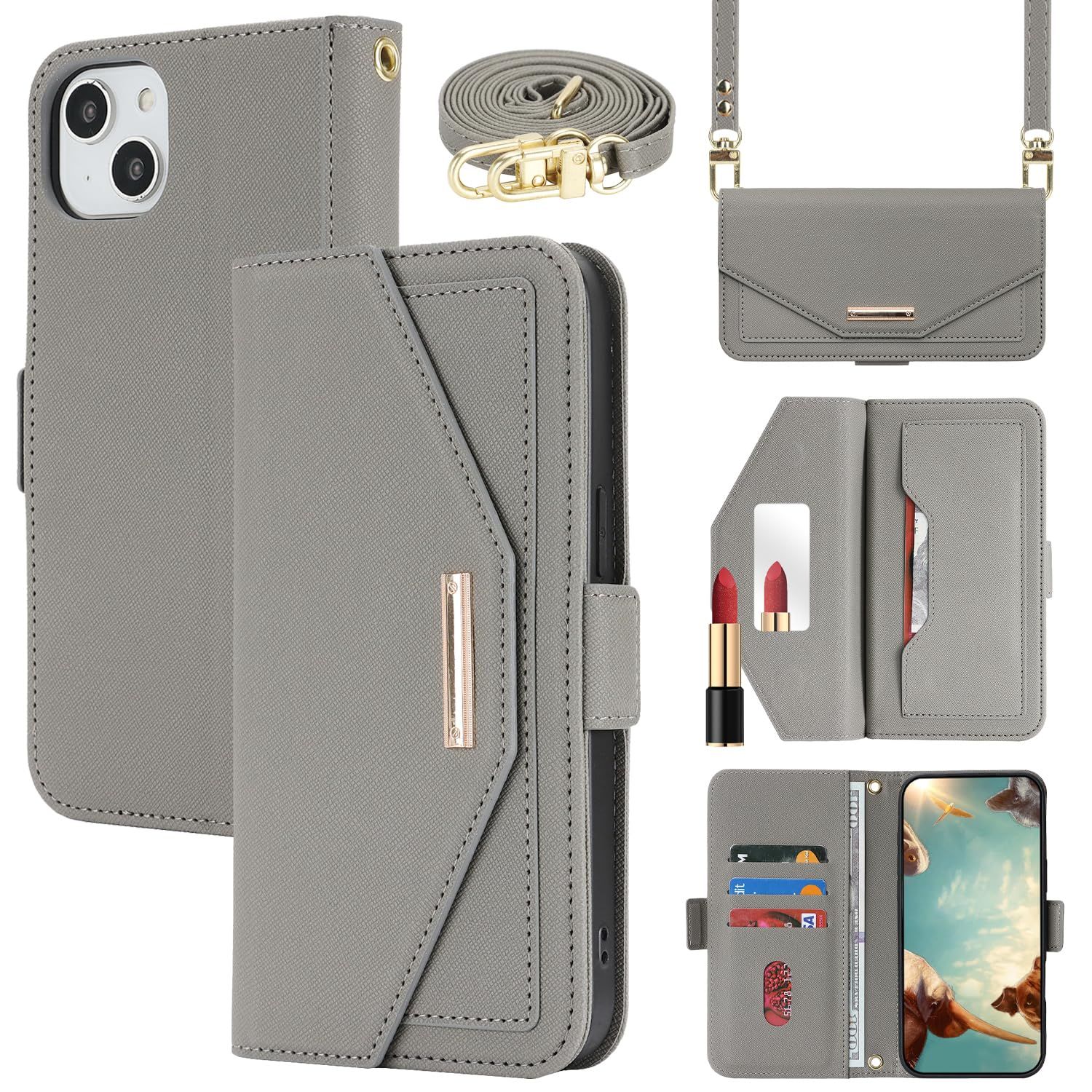 Hamany Smartphone Case, iPhone 14 Case, Notebook Type, Shoulder Mirror, iPhone 14 Case, Card Storage, Wallet, Mirror with Strap, iPhone 13 Case, Crossbody Case, Shoulder, Neck, Diagonal Hanging, Shockproof Leather Cell Phone Cover - Dark Grey