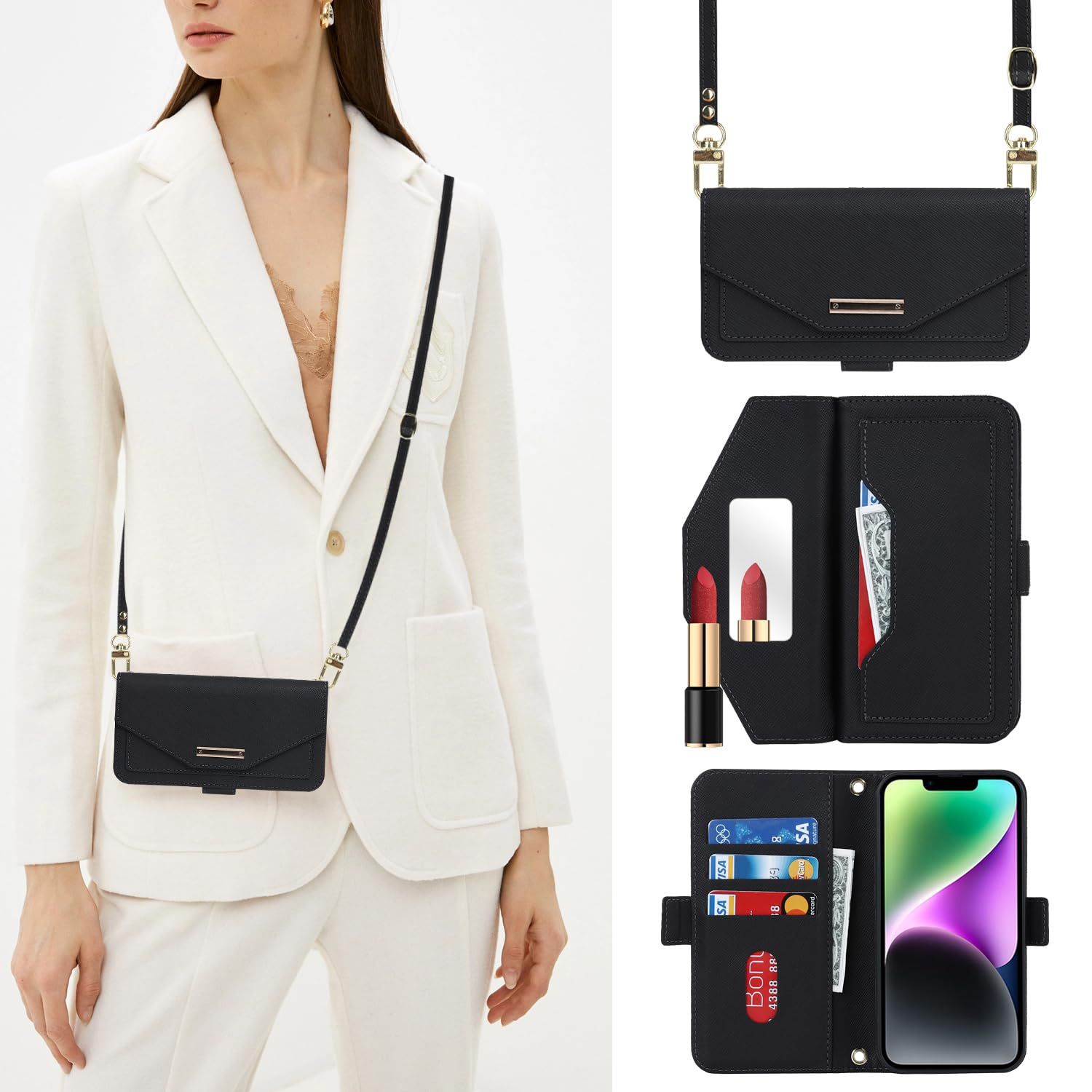Hamany Smartphone Case, iPhone 14 Case, Notebook Type, Shoulder Mirror, iPhone 14 Case, Card Storage, Wallet, Mirror with Strap, iPhone 13 Case, Crossbody Case, Shoulder, Neck, Diagonal Hanging, Shockproof Leather Cell Phone Cover - Black (size