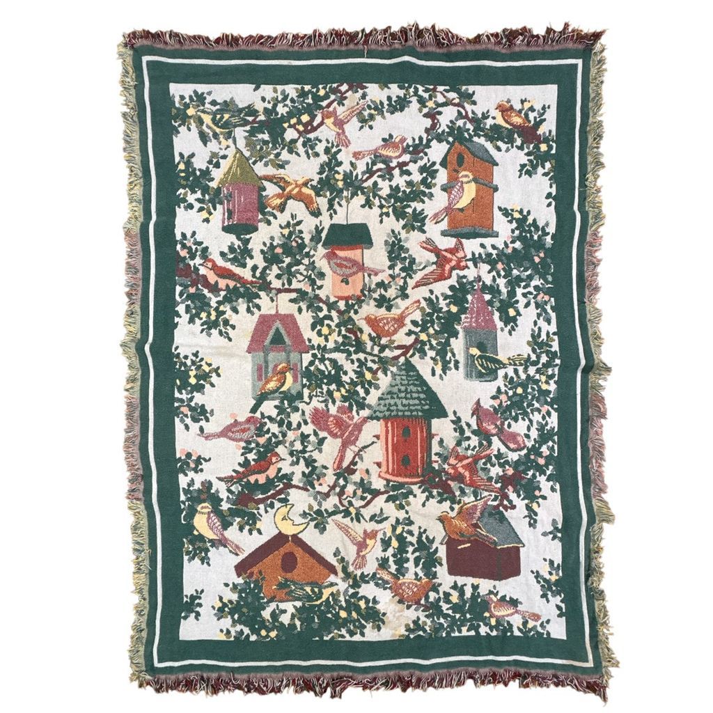 vintageラグ ブランケット マルチカバー タペストリー USA製 MADE IN USA 小鳥 アニマル 動物 バードハウス カントリー Rug Throw Blanket Animal 2626