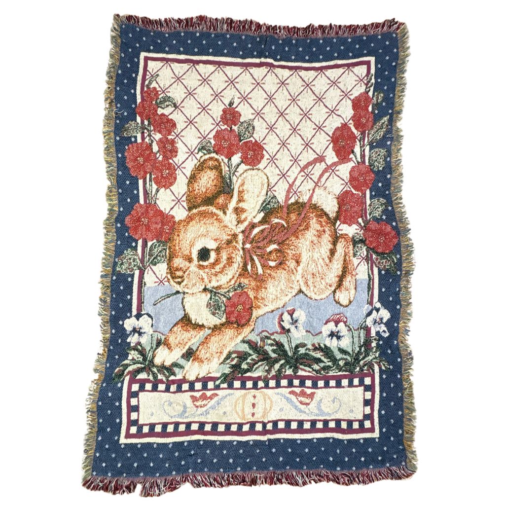 vintageラグ ブランケット マルチカバー タペストリー ラビット うさぎ アニマル フラワー 花 Rug Blanket Rabbit 3579