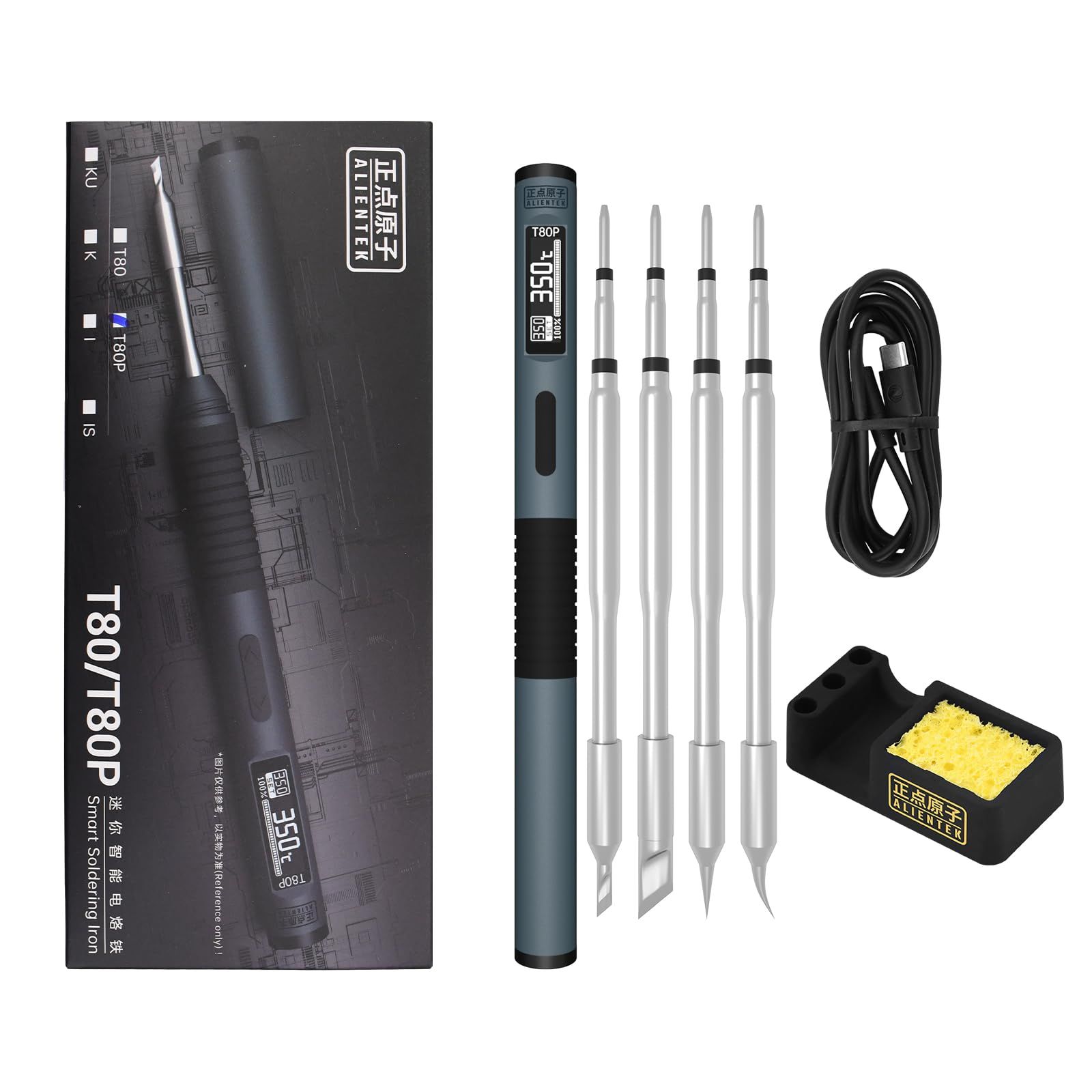 はんだごてキット 100W 高速加熱 T80/T80P デジタルはんだごて PD/QC、Type-C ポータブルデジタルOLEDスクリーンディスプレイ、オートスリープ(T80P+C2C+4タイプチップ)★m 2c7164e2