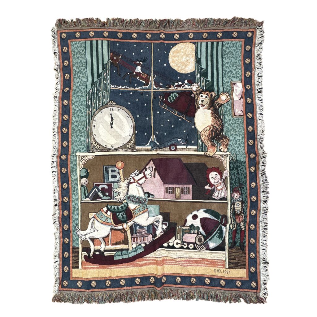 vintageラグ ブランケット マルチカバー タペストリー 90s USA製 テディベア 馬 サンタ Rug Blanket Christmas 3138