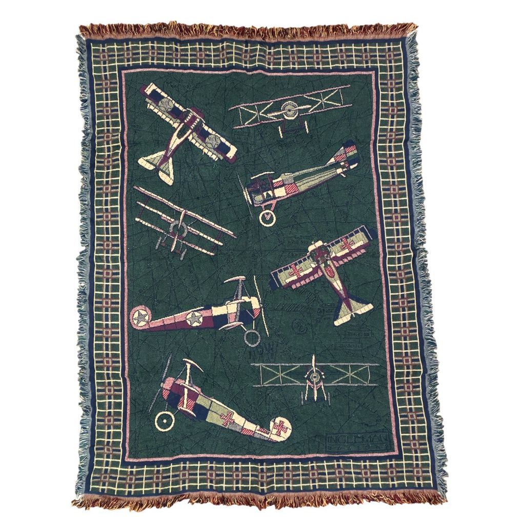 vintageラグ ブランケット マルチカバー タペストリー USA製 MADE IN USA 飛行機 複葉機 クラシック プロペラ チェック Rug Throw Blanket Biplane Checkered Classic 2354