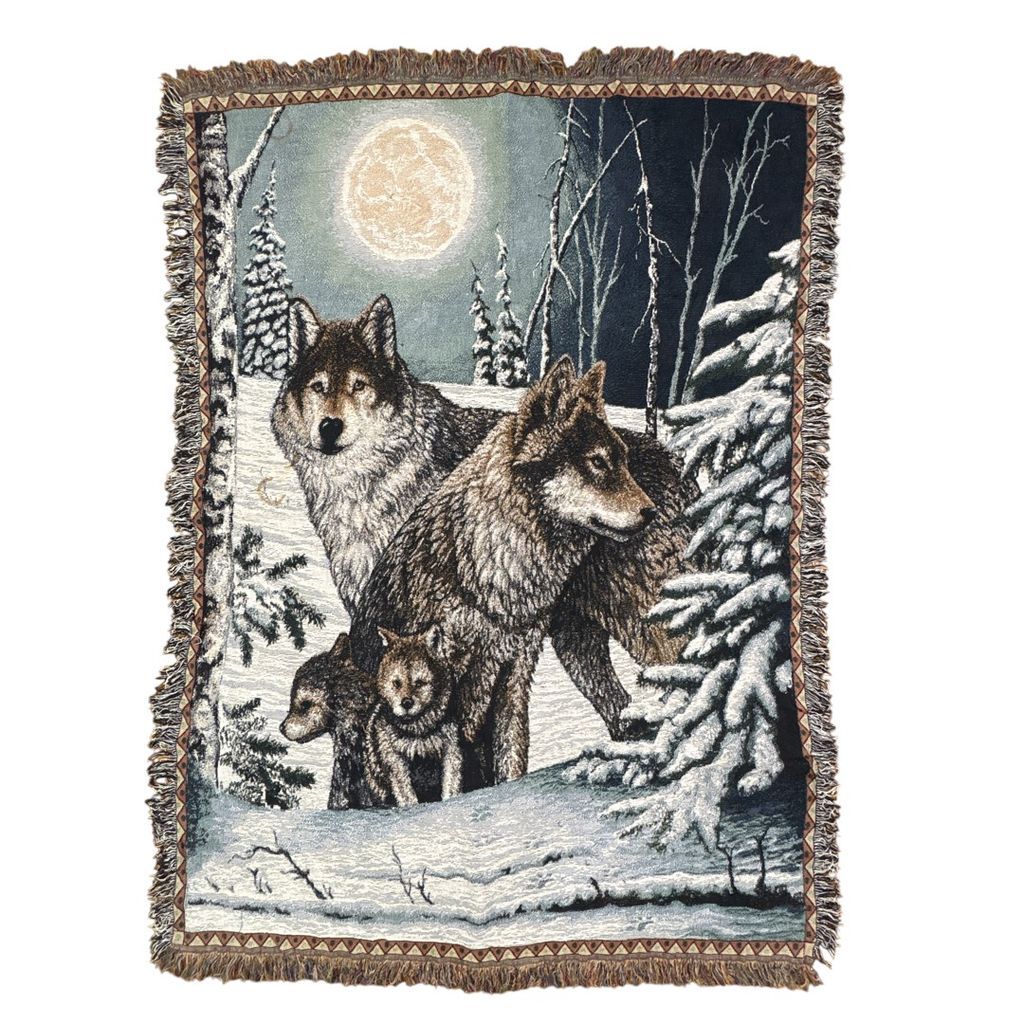 vintageラグ ブランケット マルチカバー タペストリー アニマル 動物 オオカミ ウルフ ファミリー 家族 月 雪山 夜空 Rug Throw Blanket Animal 2547