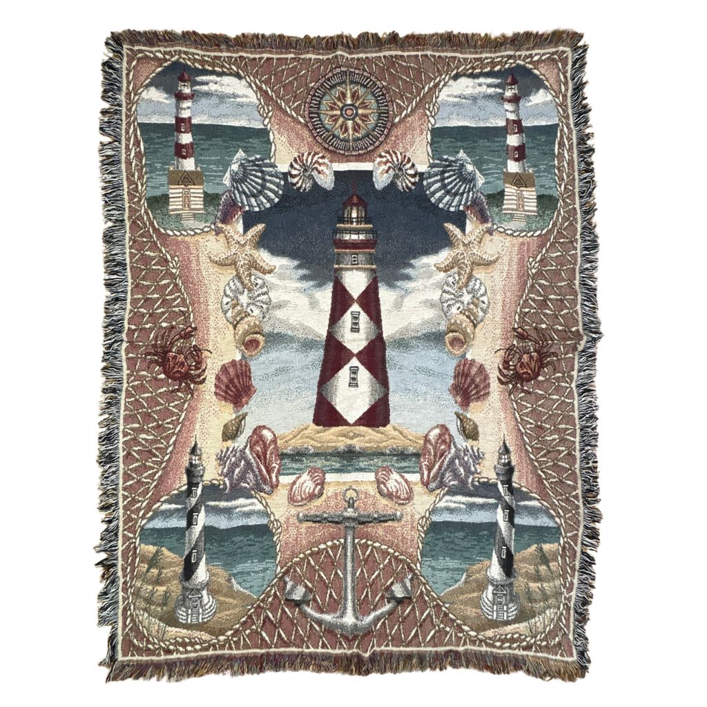vintageラグ ブランケット マルチカバー タペストリー 灯台 ライトハウス 貝殻 マリン Rug Blanket Lighthouse 3207