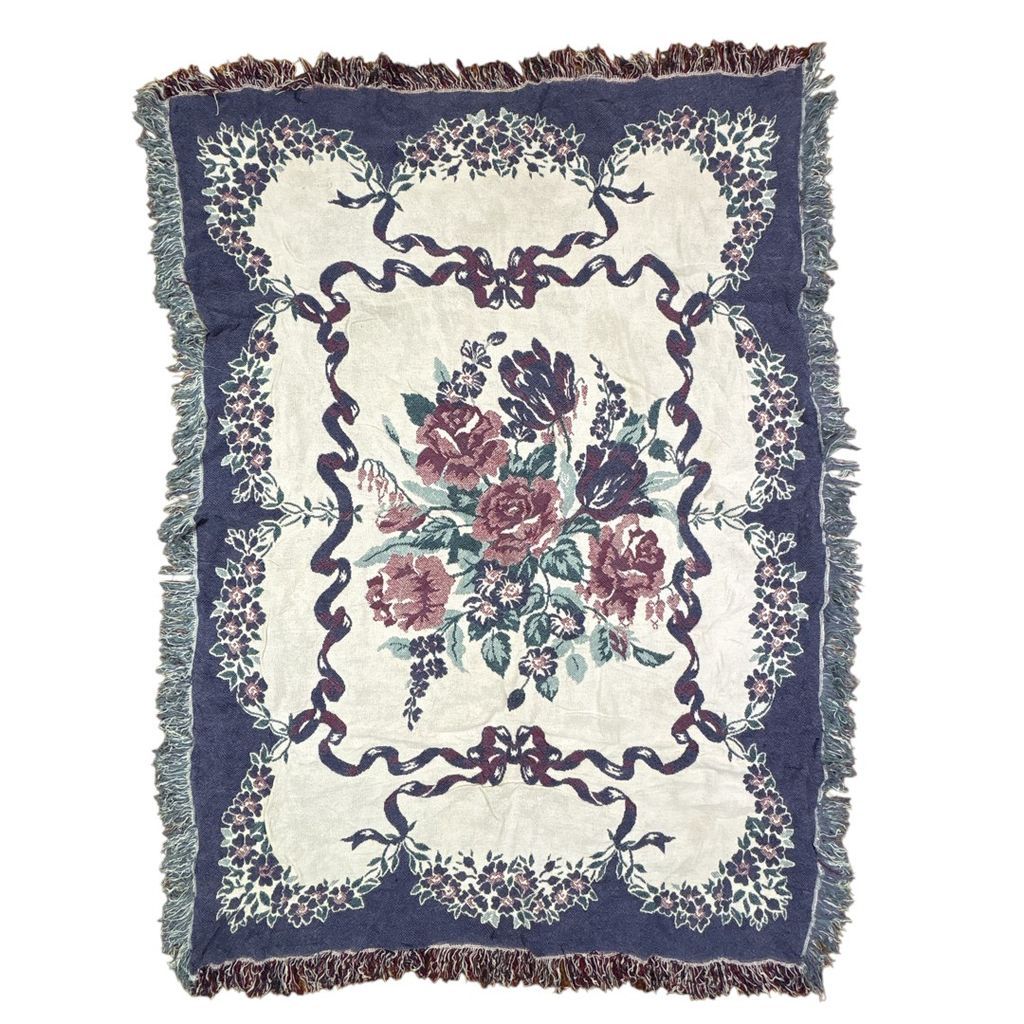 vintageラグ ブランケット マルチカバー タペストリー フラワー 花 バラ リボン Rose Rug Throw Blanket 2516