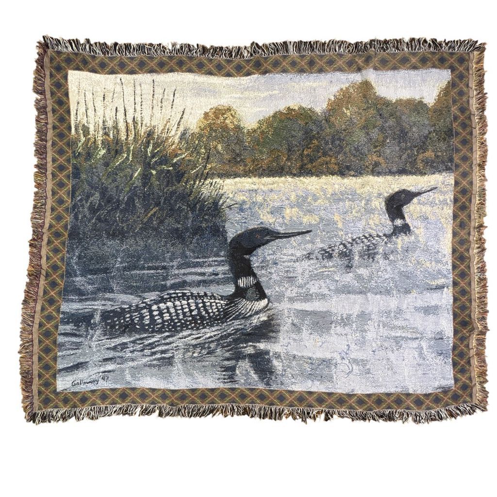 vintageラグ ブランケット マルチカバー タペストリー アニマル 動物 カモ 水鳥 絵画 アート チェック 自然 2195
