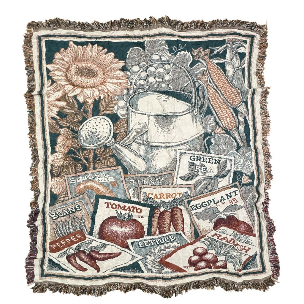 vintageラグ ブランケット マルチカバー タペストリー USA製 MADE IN USA ひまわり トウモロコシ じょうろ 菜園 カントリー Sunflower Corn Rug Throw Blanket 2361