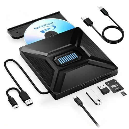 ブルーレイドライブ 外付け 【高性能チップ搭載】 bdドライブ 外付け USB3.0 & Type-C対応 ブルーレイプレーヤー DVD/CD/Blu-ray/M-DISC 読み込み・書き込み対応,blu-ray 外付けドライブ6in1多機能 SD/TFpms