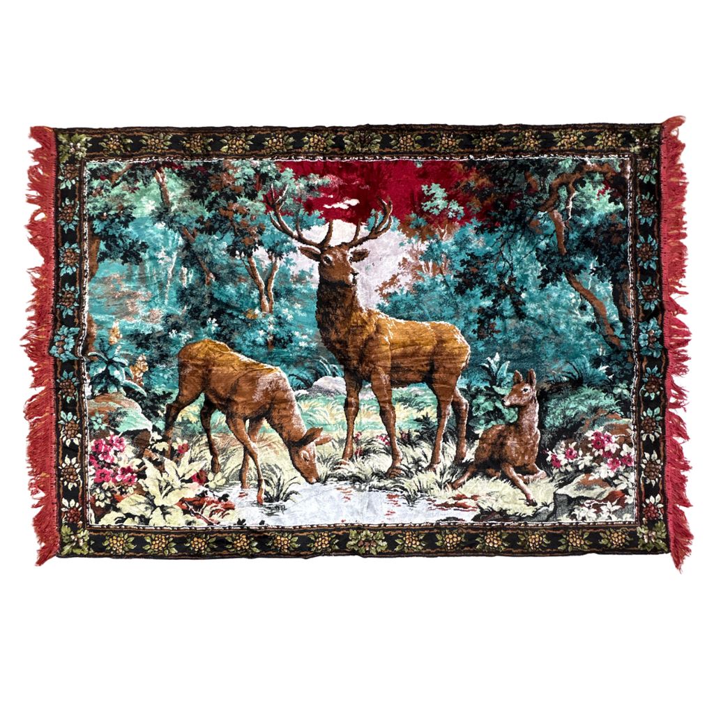 vintage ベロアラグ ベルベット タペストリー シカ アニマル アート 絵画 フラワー 森 Velvet Velour rag Deer 3079