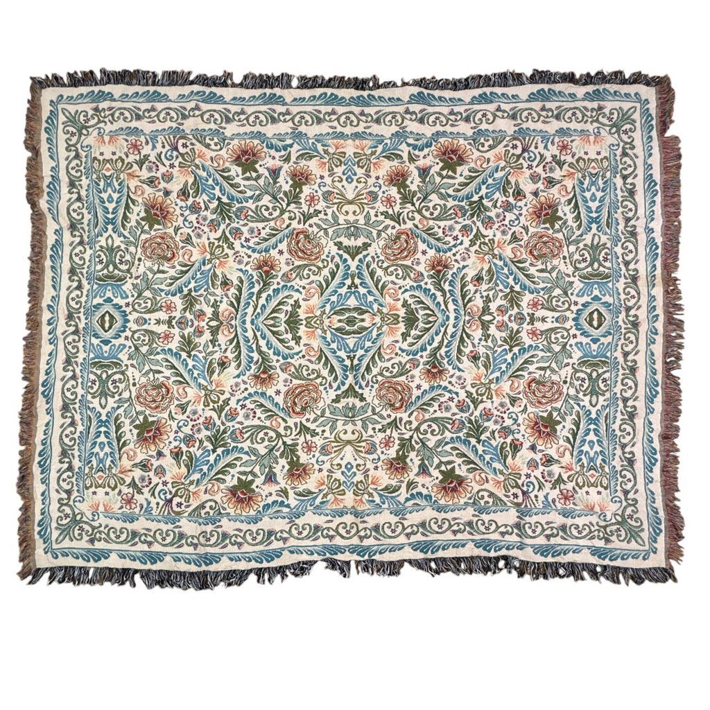 vintageラグ ブランケット マルチカバー タペストリー USA製 MADE IN USA エレガント フラワー 花 アラベスク バラ ボタニカル 特大 Rug Throw Blanket Botanical Flower 2460