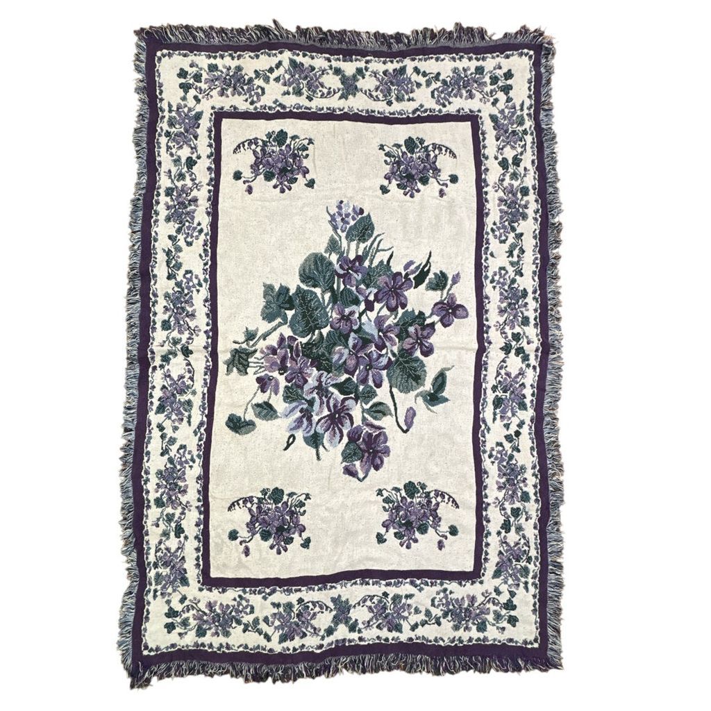 vintageラグ ブランケット マルチカバー タペストリー フラワー 花 スミレ エレガント Rug Throw Blanket Flower Violet 2469