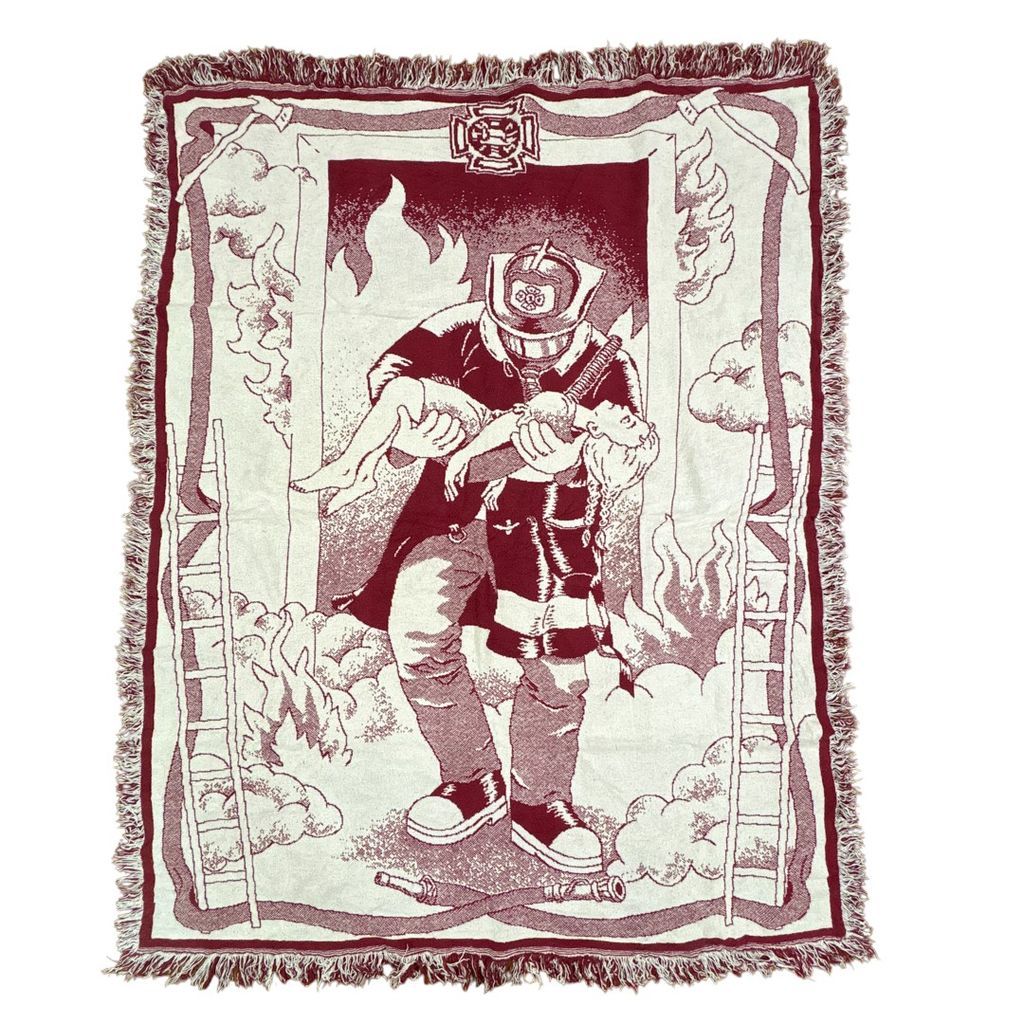 vintageラグ ブランケット マルチカバー タペストリー 消防士 レスキュー 救出 火事 イラスト Fireman Rescue Illustration Rug Throw Blanket 2379