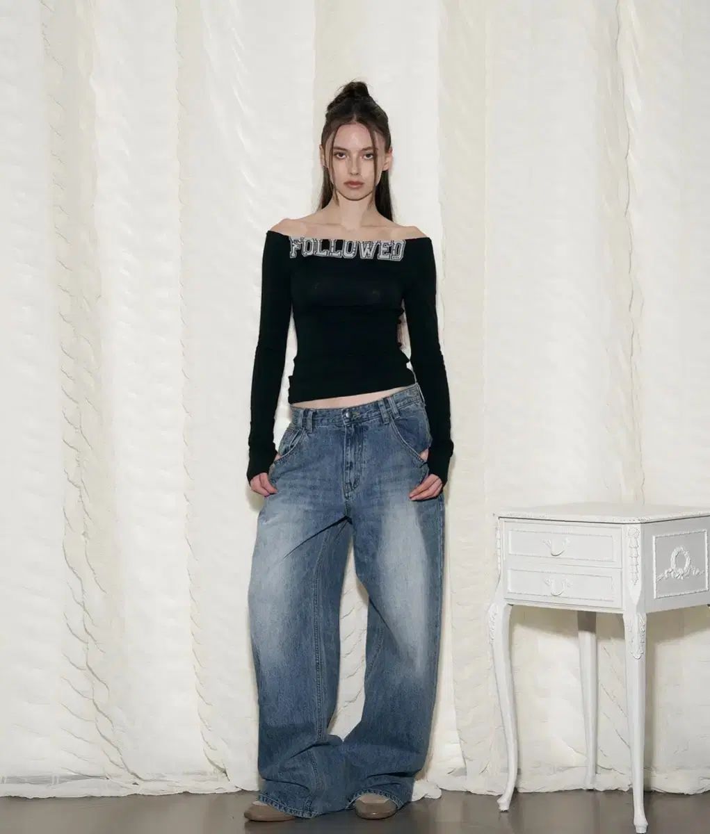 プリーズノーフォロー 25Damaged Washing Wide Denim