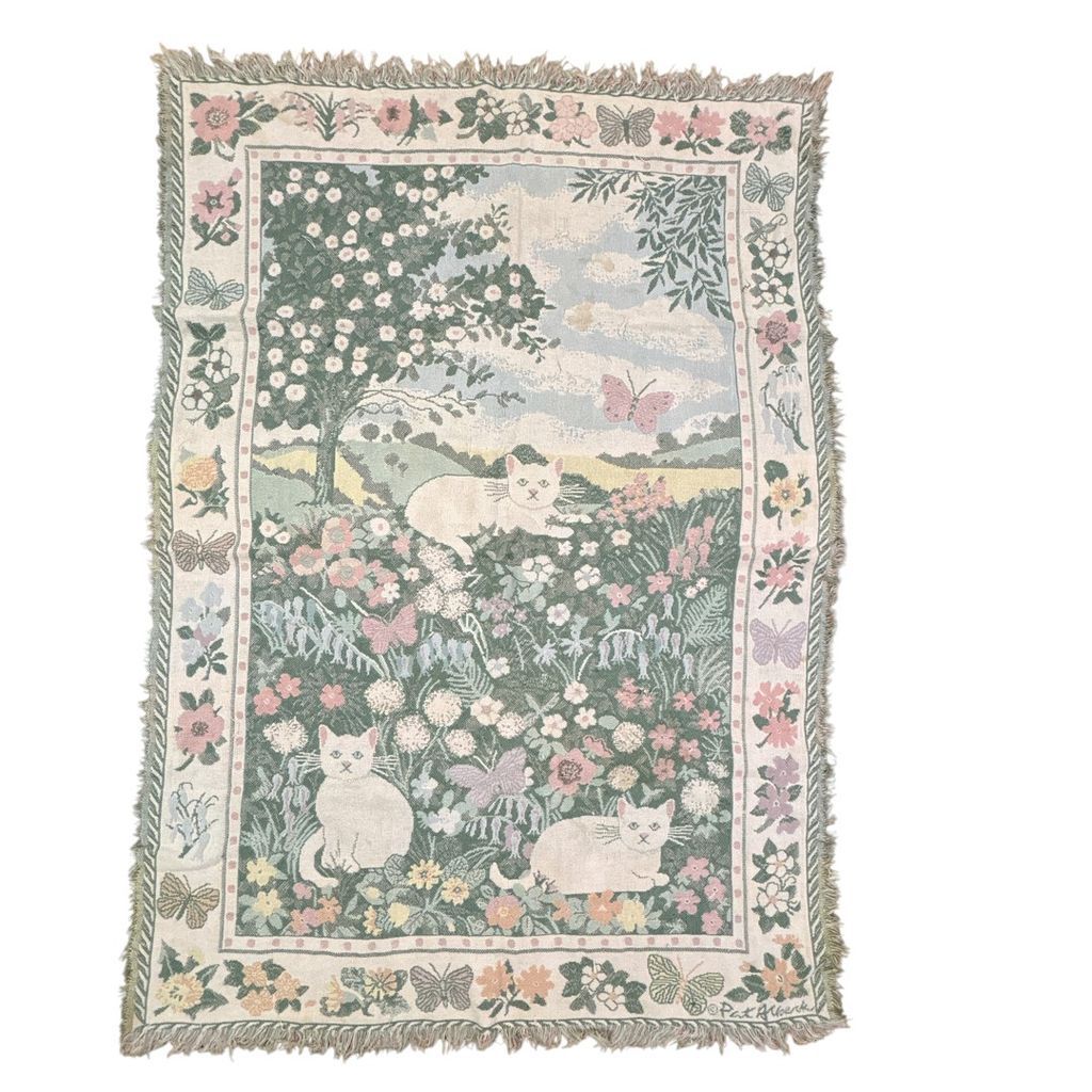 vintageラグ ブランケット マルチカバー タペストリー アニマル 動物 USA製 MADE IN USA ネコ キャット フラワー 花畑 蝶 イラスト Rug Throw Blanket Animal 2562