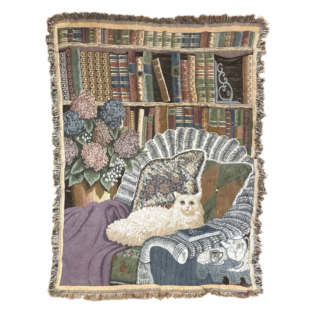 vintageラグ ブランケット マルチカバー タペストリー ネコ アニマル 本棚 茶器 エレガント Rug Blanket Cat Library 3068