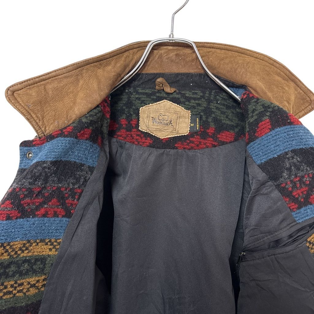 WOOLRICH】 90s USA製 ネイティブ柄 レザー襟ウールジャケット S-3545