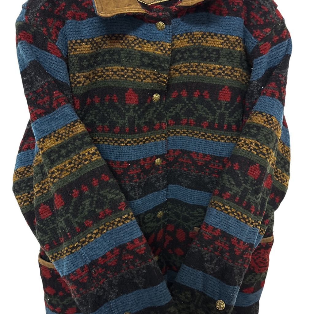 WOOLRICH】 90s USA製 ネイティブ柄 レザー襟ウールジャケット S-3545