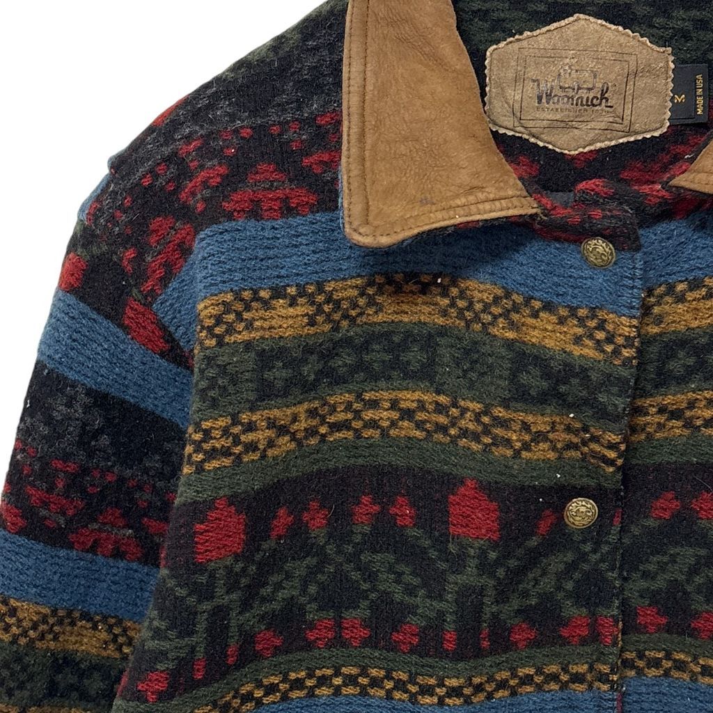 WOOLRICH】 90s USA製 ネイティブ柄 レザー襟ウールジャケット S-3545